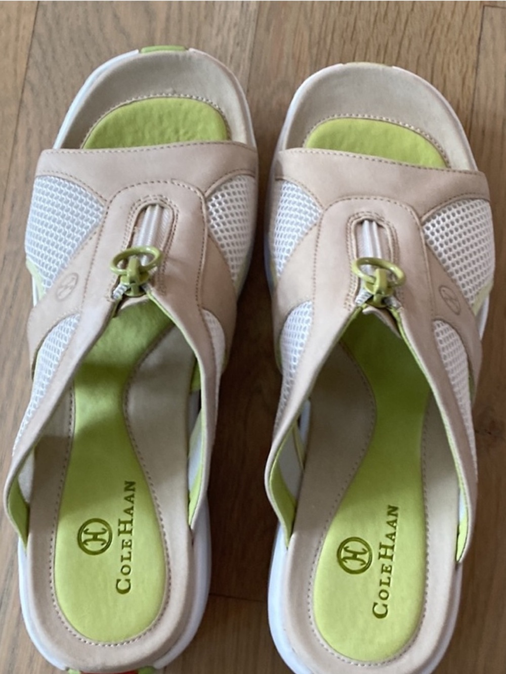 Cole Haan Beige and Lime Green Slip-On Mules